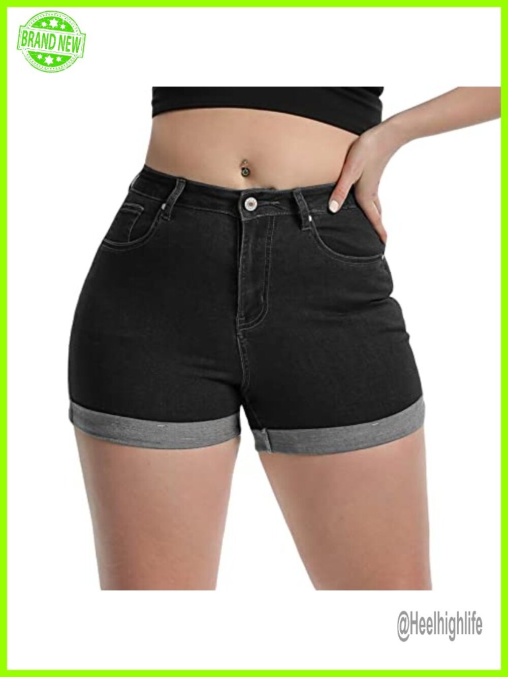High Waisted Elastic Jean Shorts Folded Hem Stretchy Denim Summer